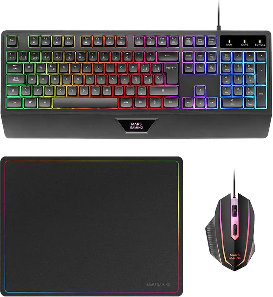 MARSGAMING MCP124, 3in1 Gaming Combo, Ergonomische H-Mech LED RGB Tastatur, RGB Maus 3200DPI HUANO Switches, Nanotextil-Mauspad 360x260mm, Multiplattform-Kompatibilität, Spanisches Layout, Schwarz