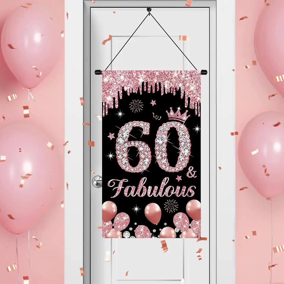 Rose Gold 60 & Fabulous Door Sign for Birthday Decorations - Pink Happy Sweet 60th Party Porch Banner Hanger for Women - Party Supplies