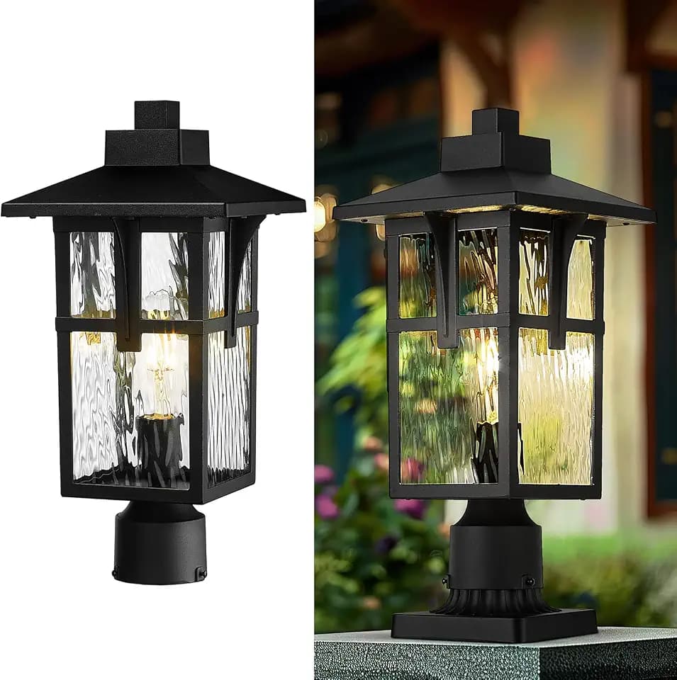 zeyu 16.7-Inch Outdoor Post Light Fixture, Water Ripple Glass, ZX1P-SW BK