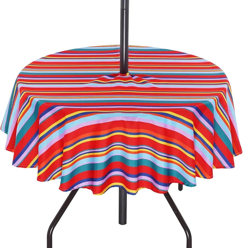 SquarePie Round Outdoor Tablecloth with Umbrella Hole and Zipper Patio Waterproof Table Cloth Cover for Camping Picnic BBQs Backyard,60 Inch Color Stripe