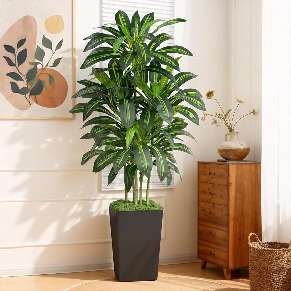 Kunstpflanze Dracaena Pflanze 150cm mit Schwarzem Pflanzgefäß, Kunstpalme groß wie echt mit 105 Blätter, Kunstbaum für Innendekor Wohnzimmer Schlafzimmer Büro Garten Haus Decor