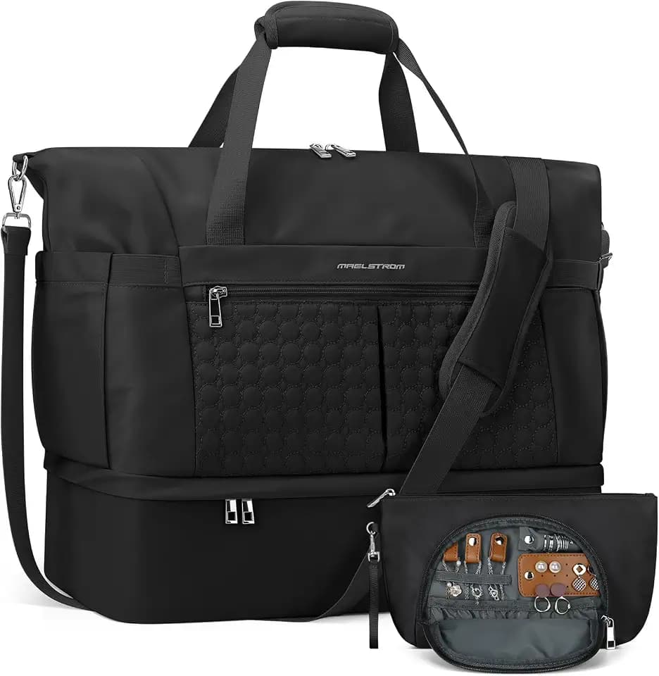 Maelstrom Gym Bag for Women,40L Travel Duffel Bag with Shoes Compartment and Wet Pocket,Waterproof Carry On Weekender Bag,Sport Gym Tote Bags Swimming Yoga, Hospital Holdalls（Black）
