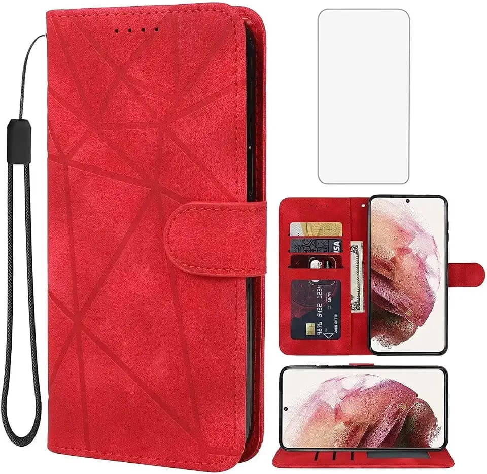 Case for Galaxy S21 FE 5G Case, Samsung S21 FE SM-G990U Wallet Case with Tempered Glass Screen Protector, Leather Flip Credit Card Holder Stand Phone Cover for Samsung Galaxy S21 FE Red