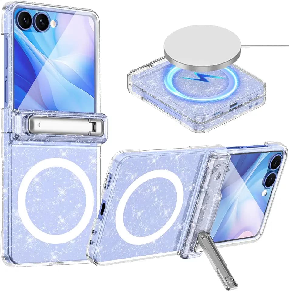 for Galaxy Z Flip 7 Case, [Compatible with MagSafe][Built-in Screen Protector][Kickstand][Hinge Protection], Hard PC Slim Fit Shockproof Protective Case for Samsung Galaxy Z Flip 7, Clear