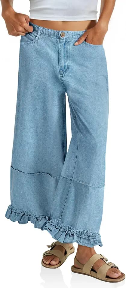 Cicy Bell Womens Ruffle Wide Leg Jeans Cropped Elastic Baggy Denim Pants