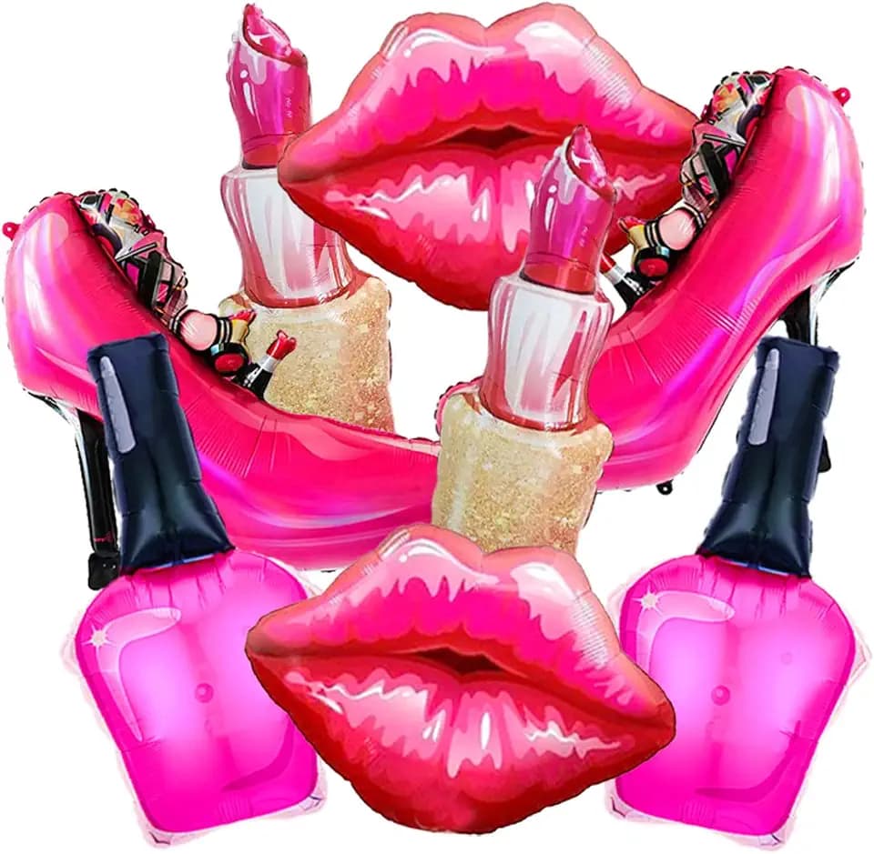 8Pcs Hot Pink Balloon Kit Red Lips, Lipstick, High Heels, Nail Polish Balloons Threenager Birthday Decorations Girl, Bachelorette Party, Girls Night, Makeup, Spa Party, Little miss Birthday Decor