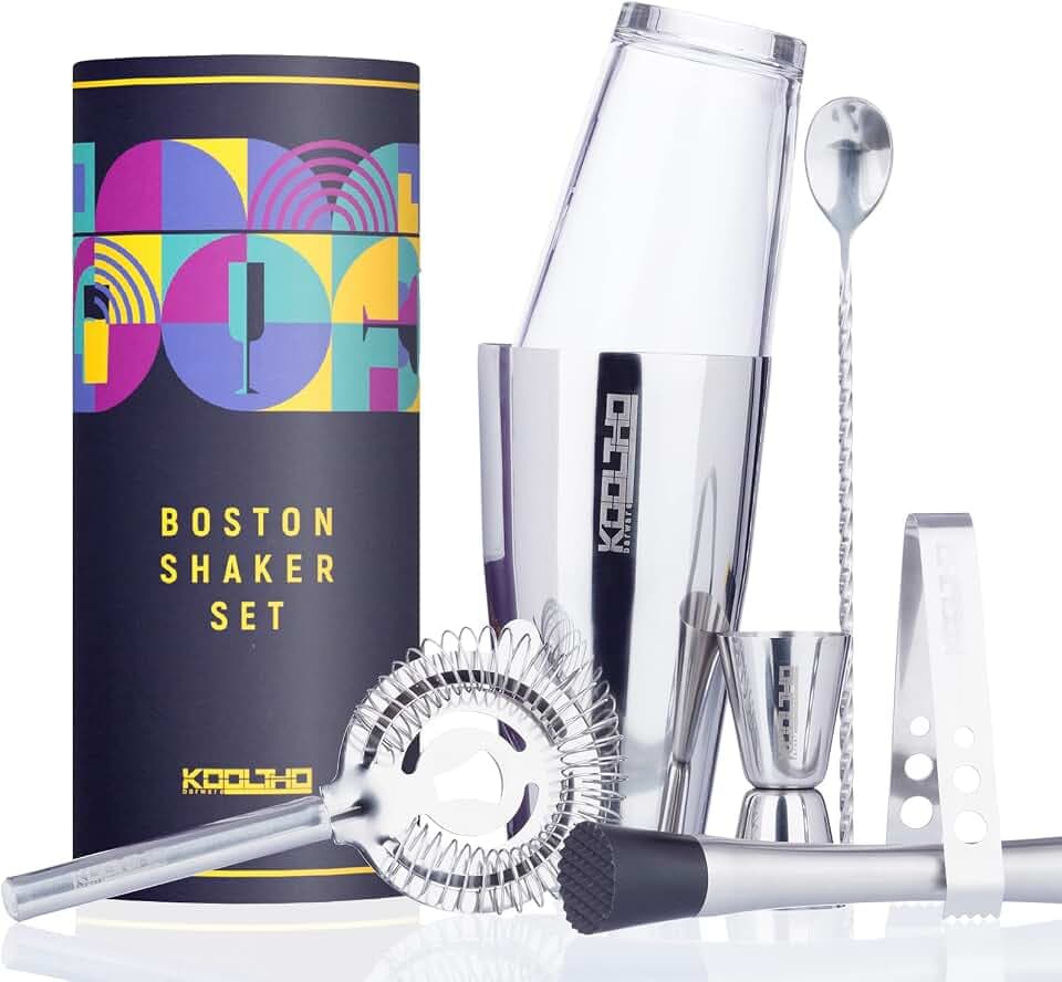 Boston Shaker Set Glas Cocktailshaker, Cocktail Shaker Glass Edelstahl Set Geschenk für Frauen Männer, Bosten Shaker Glas Barkeeper Set Profi mit Hawthorne Strainer und Bartender Cocktails Zubehör