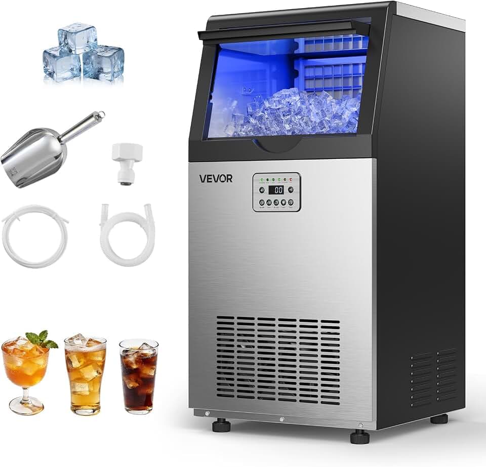 VEVOR Commercial Ice Maker Machine, 100 lbs/24h with 16-30 lbs Storage Capacity, Built-in/Freestanding/Under Counter, Stainless Steel Ice Maker with LED Display & Self-Cleaning, Home Bar Restaurant