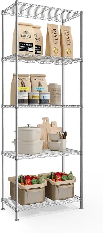 SONGMICS 5-Tier Storage Shelves, Adjustable Wire Shelving Unit, 8 Hooks