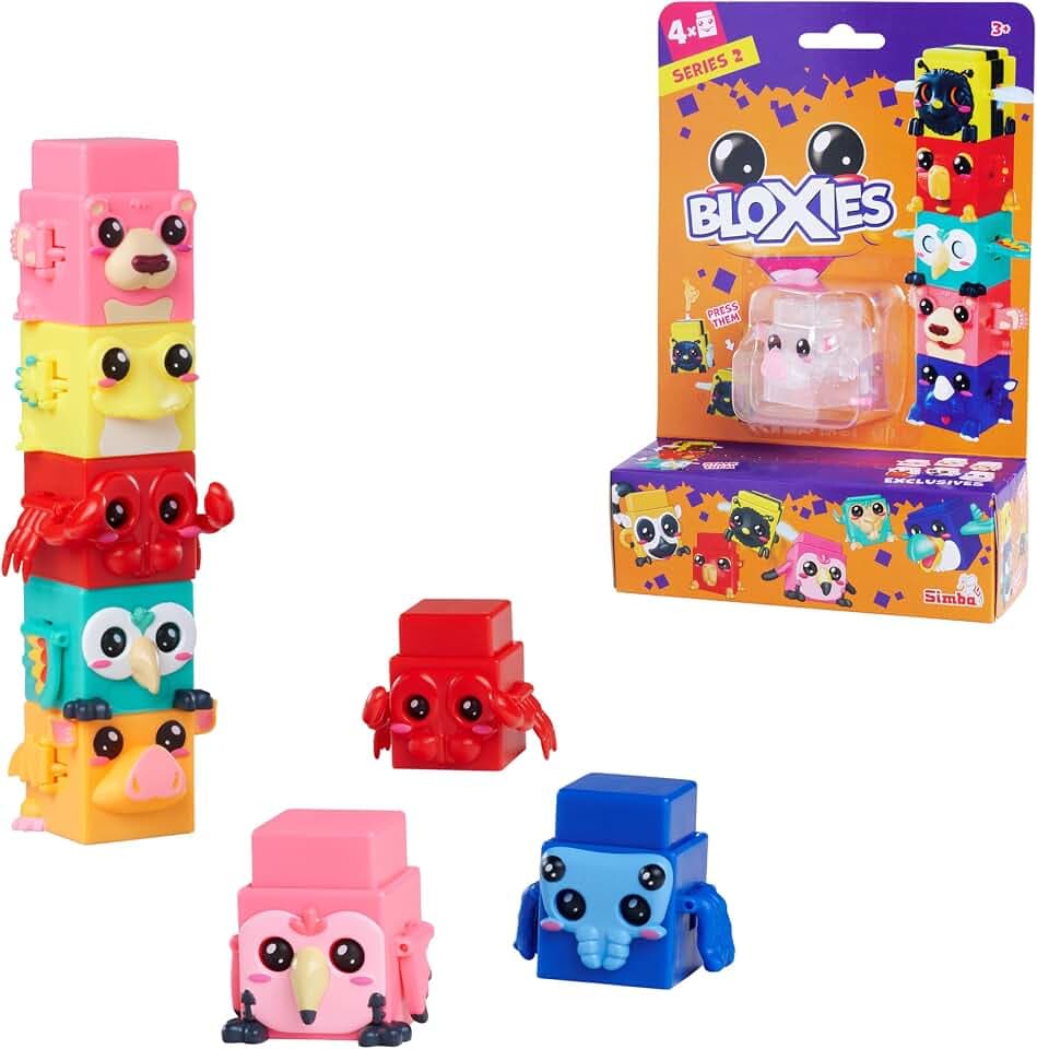 Simba Toys Bloxies Figur Serie II (4 Stück) – Tier-Baustein zum Stapeln und Sammeln, lustiger Bewegungseffekt, 4,5 cm, Auswahl per Zufallsprinzip, Spielzeug ab 3 Jahren