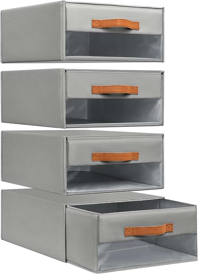 DIMJ Schubladen Ordnungssystem Schubladenboxen - 4er Set Aufbewahrungsbox Faltboxen mit Fenster 40 x 32 x 17 cm Organizer Schublade, Kleiderschrank Organizer für Schrank, Grau