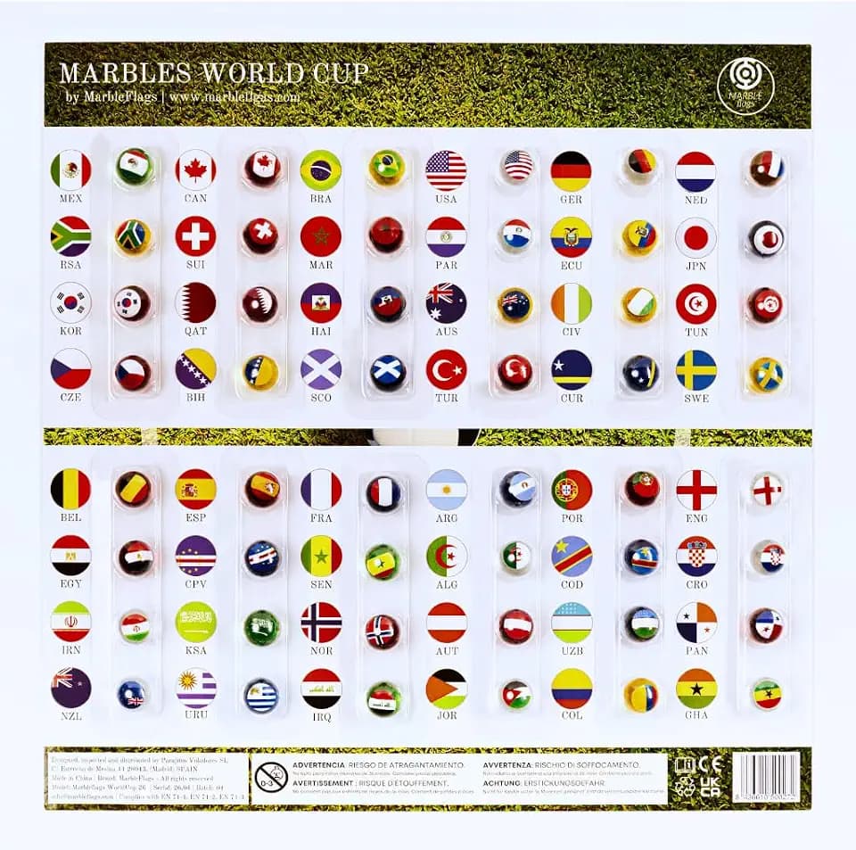 Kollektion 48 Murmeln mit Flaggen der Weltmeisterschaft 2026, Ideal für Murmeln und MarbleRun, 16 mm
