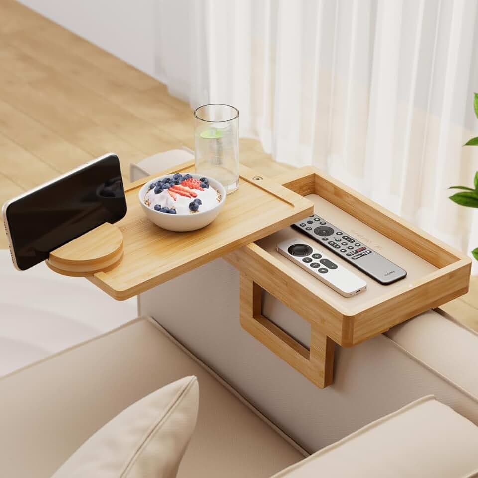 Wealone Mini Sofatablett, Couch Ablage für Armlehne mit Aufbewahrungsbox, Sofa Armlehnen Tablett, 360° Drehbarem Handyhalter, Bambus Tablett für Getränke, Snack, Armlehne ≤18 cm Breit