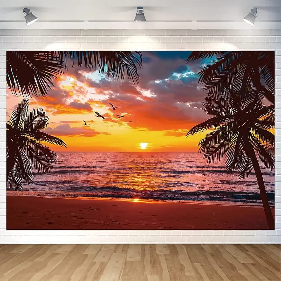 Beach Sunset Glow Backdrop Seaside Coconut Palm Trees Wall Banner Hawaii Beach Photography Background for Birthday Party Baby Shower Decoration Supplies 70.8 x 47.2 Inch