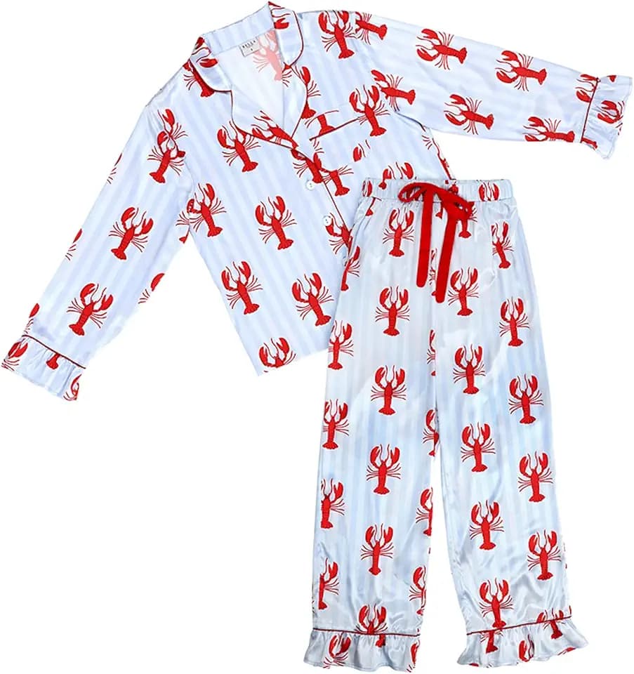 Bella Sleep + Spa Pajamas for Women Loungewear 2-Piece Silky Satin Ruffled Long Sleeve Top and Pants, Large, Blue Stripes + Red Lobsters