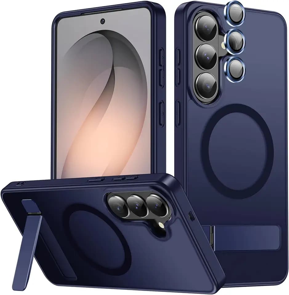 LEKEVO for Samsung Galaxy S26 Plus Case with Stand, Compatible with MagSafe, Camera Lens Protector, Translucent Matte Slim Silicone Shockproof Phone Cover, Blue