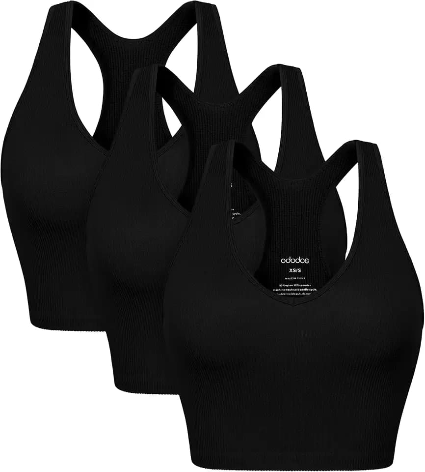 ODODOS 3-Pack Seamless Racerback Crop Tank for Women Ribbed Knit Soft Crop Tops