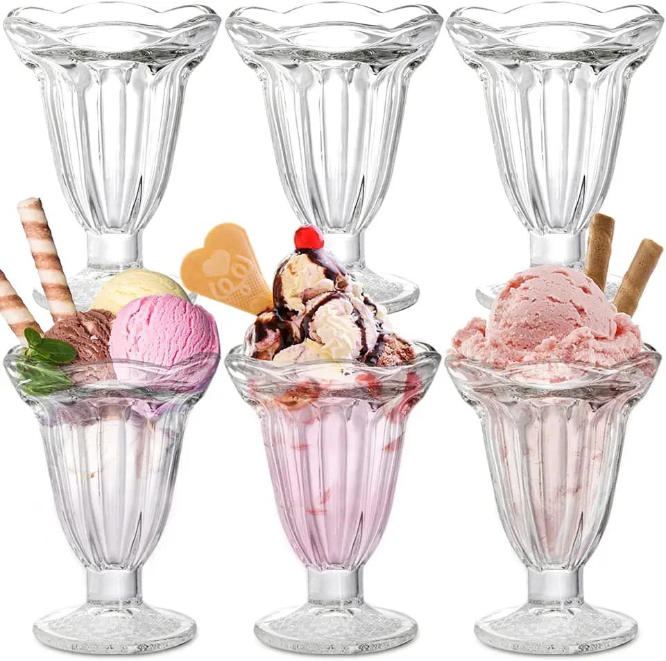 ZENFUN 6 Pack Glass Tulip Sundae Cups, 7 Fl Oz Clear Milkshakes Footed Ice Cream Cups Dessert Bowls Set for Sherbet Trifle, Fruit, Salad, Snack, Cocktail