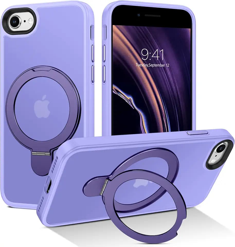 DUEDUE Magnetic Case for iPhone SE 2022/2020/3rd/2rd, iPhone 8/7 Case with Ring[Compatible with Magsafe], Translucent Matte Back Cover Kickstand Phone Case for iPhone SE/8/7, Light Purple