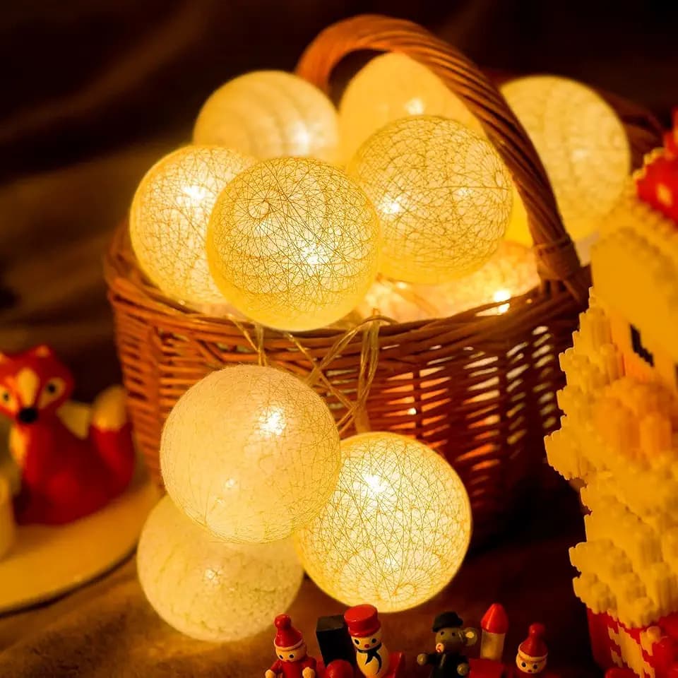 Ciskotu 3.8M lichterkette Innen, 20 LEDs Lichterketten Kinderzimmer Lampions, Kugeln Lichterketten schlafzimmer mit Stecker Cotton Ball für Weihnachten Party Garten (Weiß, Battery Powered)