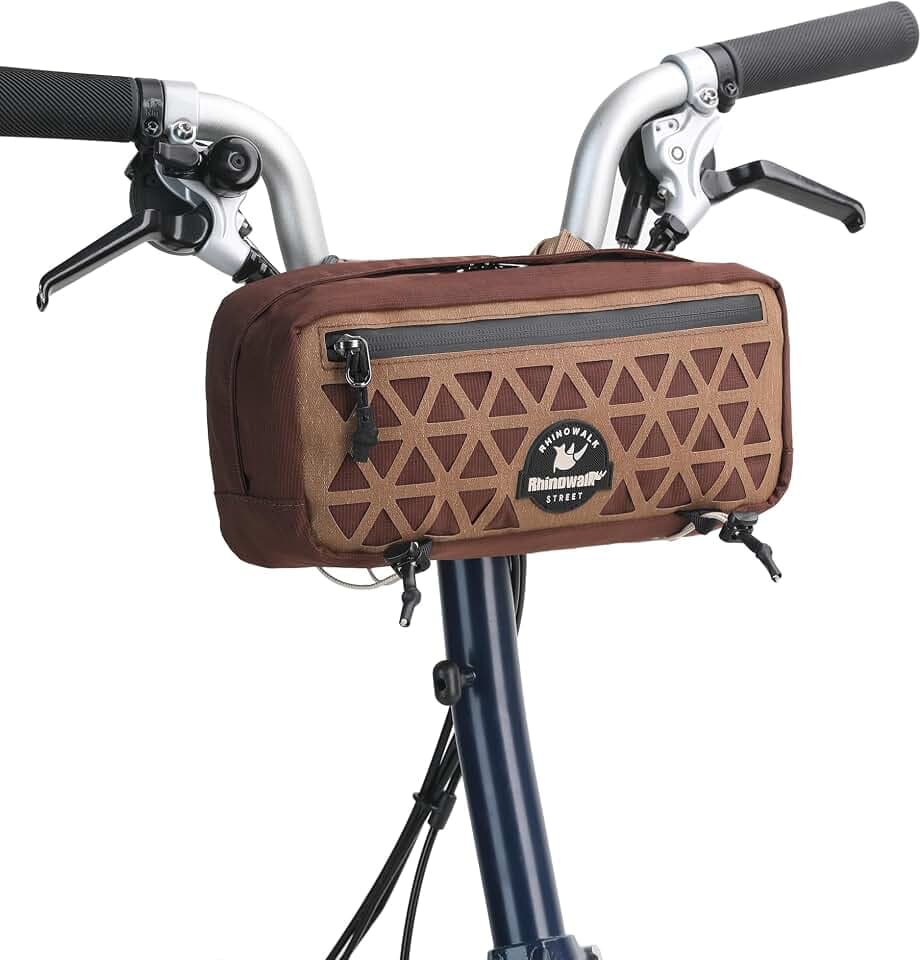 Rhinowalk Handlebar Bag for Brompton Folding Bike & Road Bikes, 1.9L Compact Pouch with Shoulder Strap, 3-Point Mounting, Front Zipper Pocket, Internal Storage for Cycling & Commuting (Dark Brown)