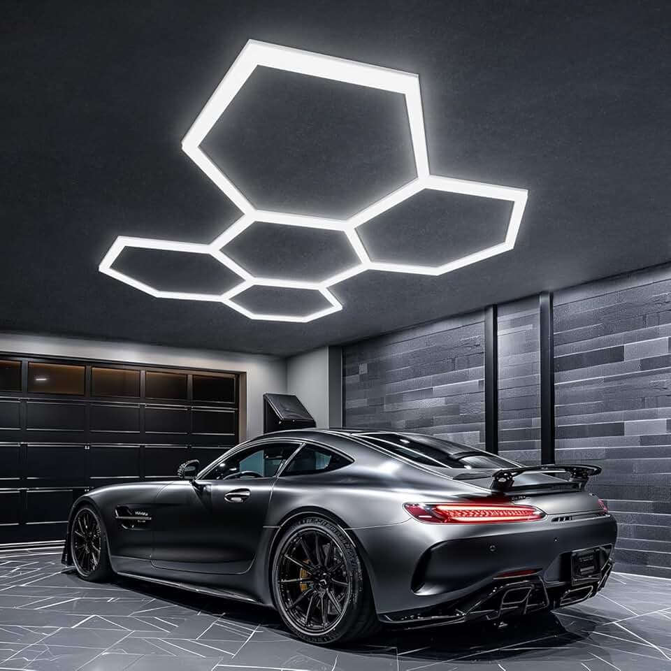 Hexagon LED Deckenleuchte, Garagenlampe LED 5-Hex, 25pcs Röhrenleuchten 200W 6500K, Sechseck Garage Licht, für Garage, Werkstatt, Lager, keller, Fitnessstudio