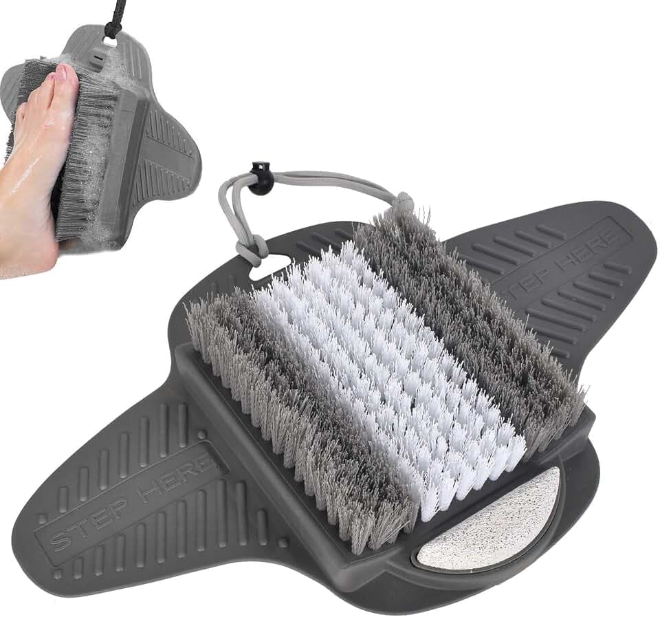 Dusch-Fußschrubber-Matte, Duschfuß-Schrubber, Silikon Fußbürste mit Saugnäpfen und Bimsstein zum Reinigen und Schrubben der Füße -Grau