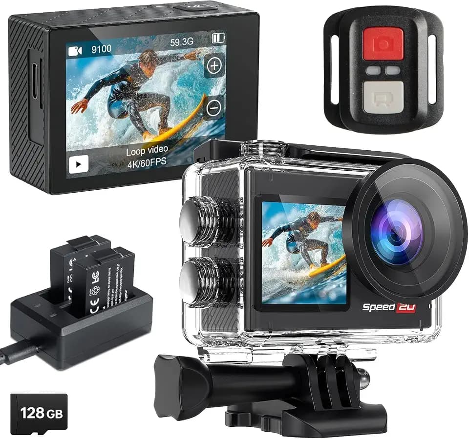 128G Action Cam 4K60FPS 40MP WiFi Unterwasserkamera 40M Wasserdicht Ultra HD Touchscreen Actioncam 170° Ultra-Weitwinkel, EIS Stabilisierung, 5X Zoom, 2.4G Fernbedienung und 2 Akkus 1350mAh