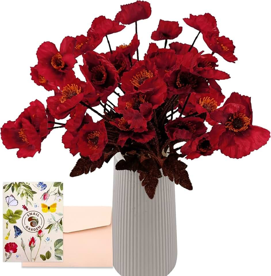 SNAIL GARDEN 32 Köpfe Künstliche Mohnblumen, 56cm Langer Stiel Mohnblumen Künstlich Gefälschte Mohnblume Rot mit Grußkarte & Papiertüte, Künstliche Blumen für Haus Geschenk Büro Dekor