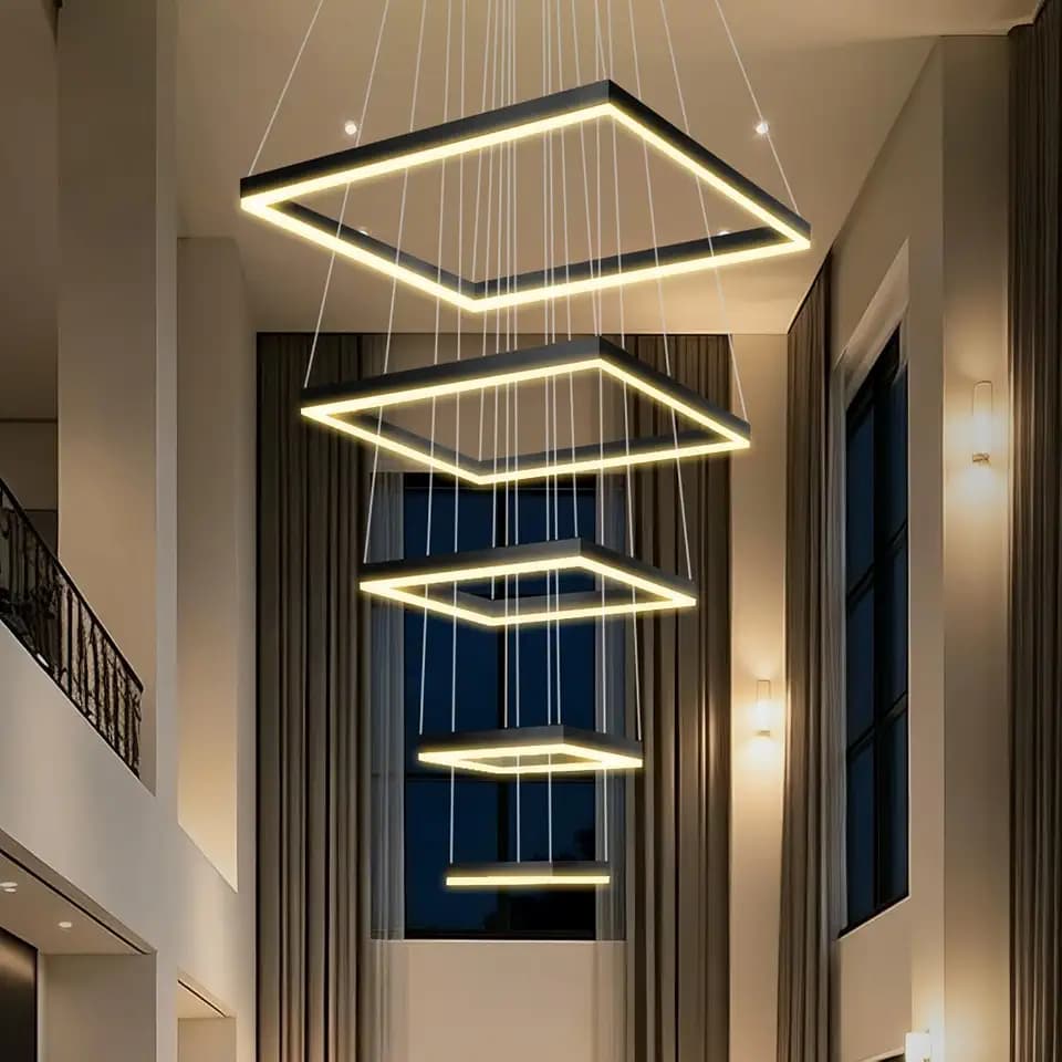 W40inch Moden foyer Entrance Chandeliers High Ceilings Chandeliers Black Square Modern Led Pendant Light Chandelier Big Chandelier for High Ceiling 5 Rings LED Dimming Lighting 2700-6000K