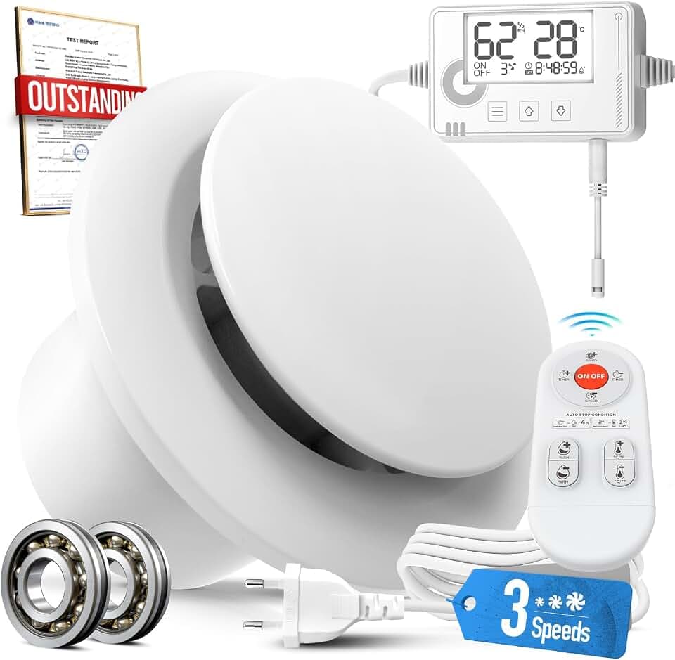 3 Stufen Bad Lüfter mit Feuchtigkeitssensor Temperatursensor Timer, Badlüfter 100mm mit Fernbedienung, Echtzeit Anzeige Feuchtigkeit und Temperatur, Leistungsstark Leise Abluftventilator P109