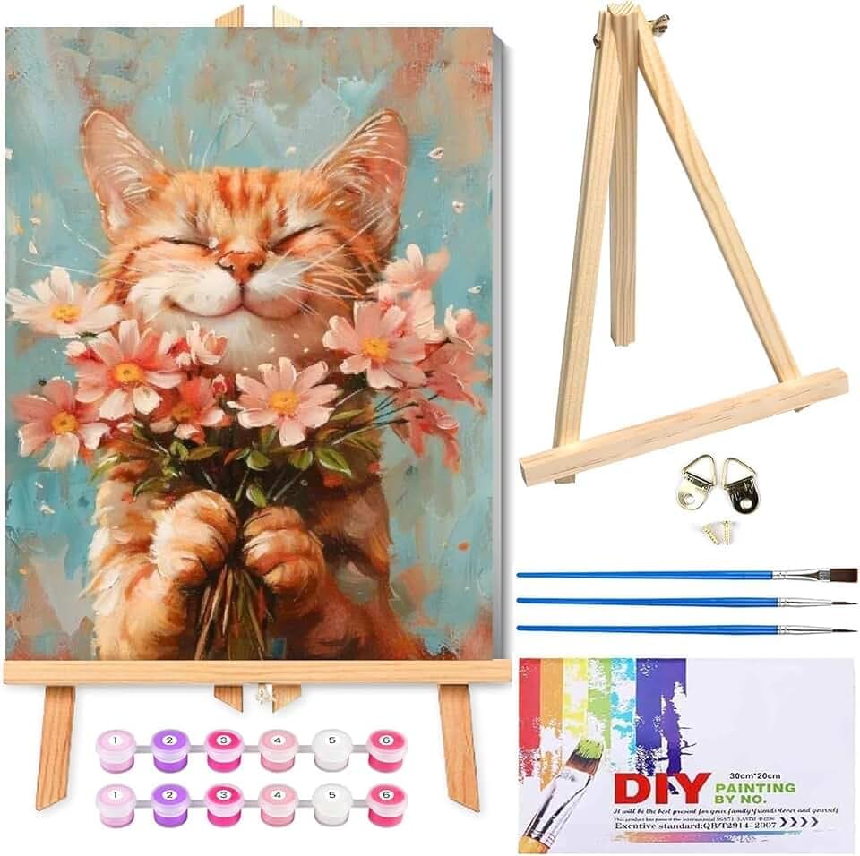 Cat Paint by Numbers Kit for Adults with Framed Canvas&Wooden Easel, DIY Acrylic Paint by Numbers Kits on Canvas, Cat with Flower Drawing Paintwork Arts and Crafts for Home Wall Decor 12x16inch