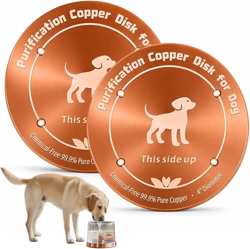 2 Pcs Copper Disk for Dog Water Bowl Dispenser|4'' Diameter,0.6mm Thick|99.99% Pure Copper Disc|Automatic Dog Water BowlDispenser Purification Disk with 4 Point Support|Purify Water All Year Round
