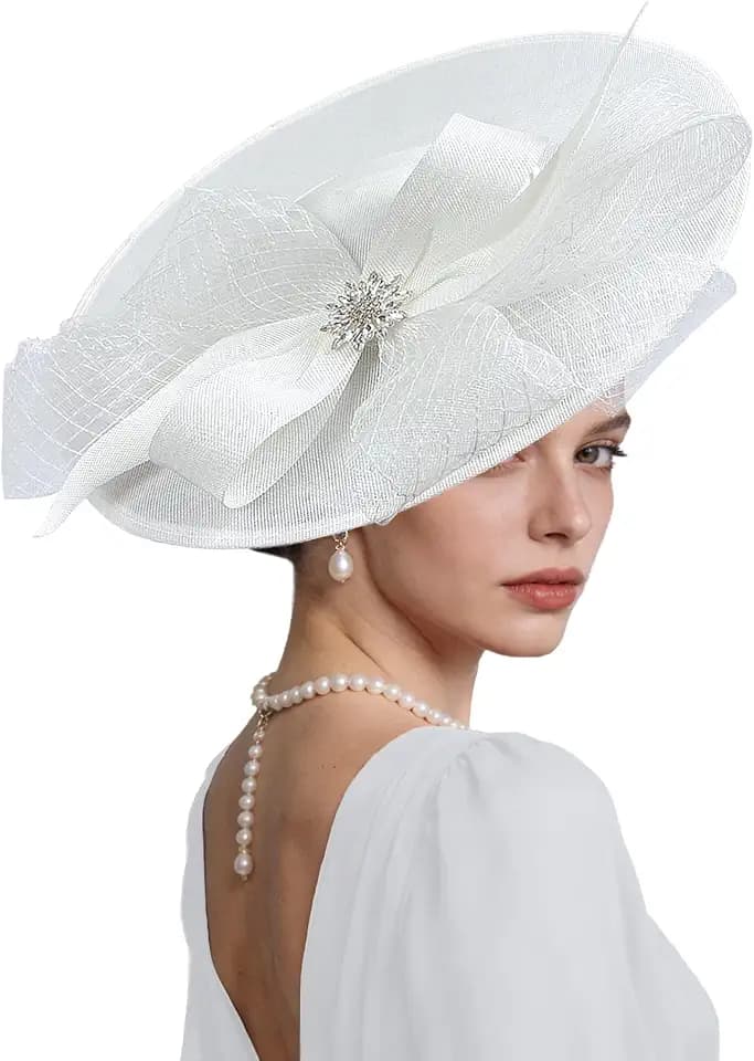 Kgromfy Women's Wide Brim Fascinator Hat Tea Party Headband Large Vintage Church Hat Lady Headwear for Derby Wedding Cocktail