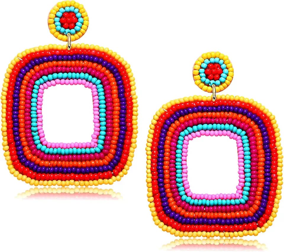 Beaded Drop Earrings Multicolored Seed Bead Earrings for Women Bohemia Statement Square Bead Hoop Dangle Earrings for Wedding Party Vacation