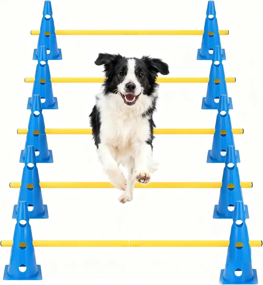 Dog Agility Hurdle Cone Set, 10er 12.5Inch Agility Cones and 5er 31.5Inch Agility Rods, Height Adjustable Crossbar for Dog Obstacle Course Rehabilitation & Beginners