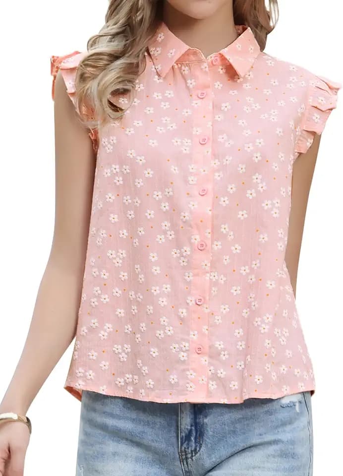 Allegra K Floral Tops for Women's Summer Ruffle Cap Sleeve Button Down Dressy Casual Shirts