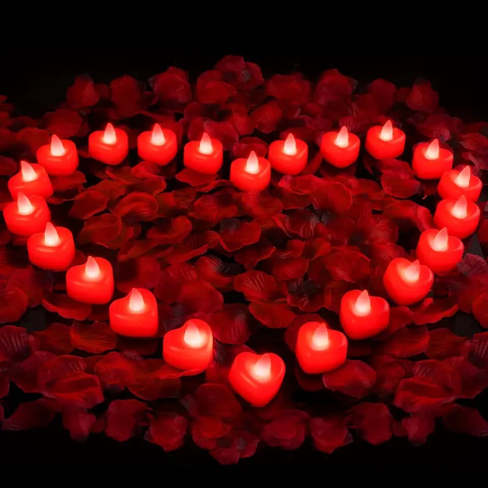 Amagic 4000 Pieces Red Artificial Rose Petals with 50 Red Heart LED Tea Lights, Rose Petals and Candles Set for Proposal, Anniversary, Romantic Night, Wedding Decor