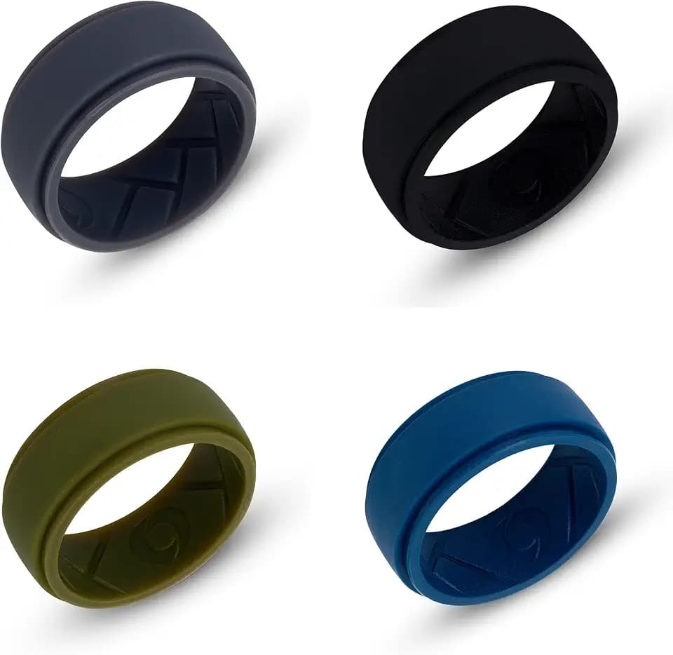 DYNOFIT Breathable Silicone Ring - 4 Pack Durable & Comfortable Wedding Band, Safe Rings for Athletes, Blue Collar Workers, First Responders, and All Men