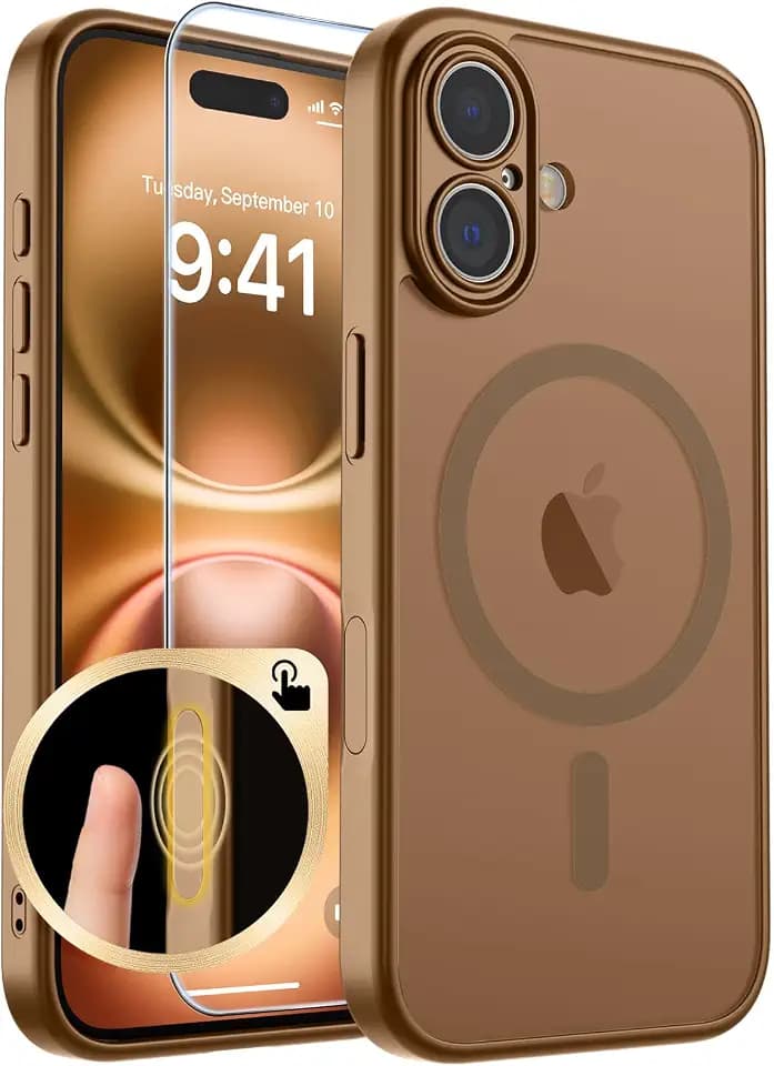 SUPFINE Magnetic for iPhone 16 Case with Camera Control Button,[Full Camera Protection][1+Tempered Glass Screen Protector] Slim Translucent Matte Shockproof Phone Cover,Brown