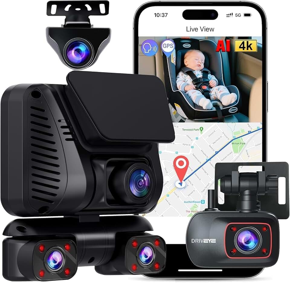 4K Dash Cam,5 Channel 360° View,AI Adas System,Free 128G Card,GPS