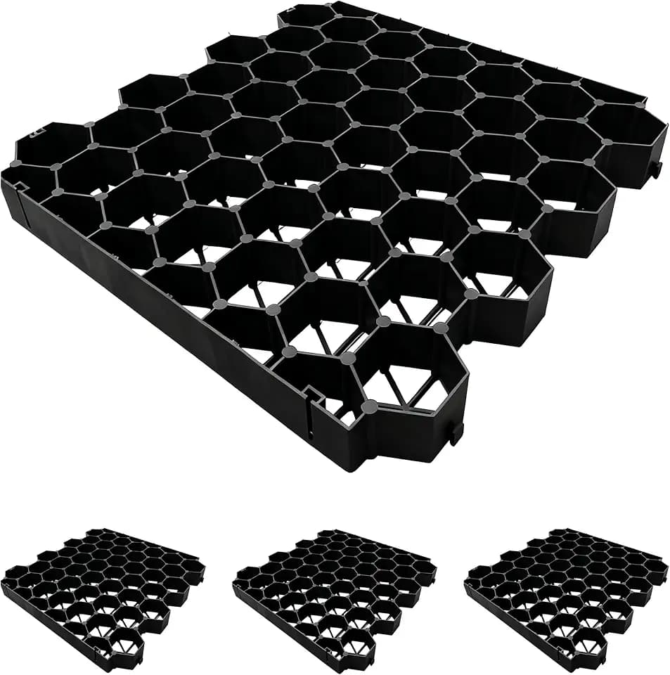 Relaxdays Rasengitter Kunststoff, 4er Set, 4x50x50 cm, ohne Unterbau, befahrbar, Paddockplatten, Rasenplatten, schwarz