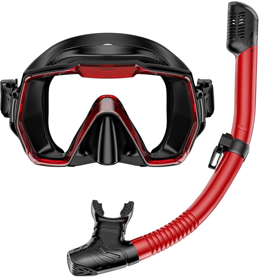 Snorkel Set Adults Snorkeling Gear Anti-Leak and Anti-Fog Tempered Glass Lens Panoramic View Swim Mask Dry Top Snorkel Kit for Snorkeling Scuba Diving Swimming Travel with Carry Bag