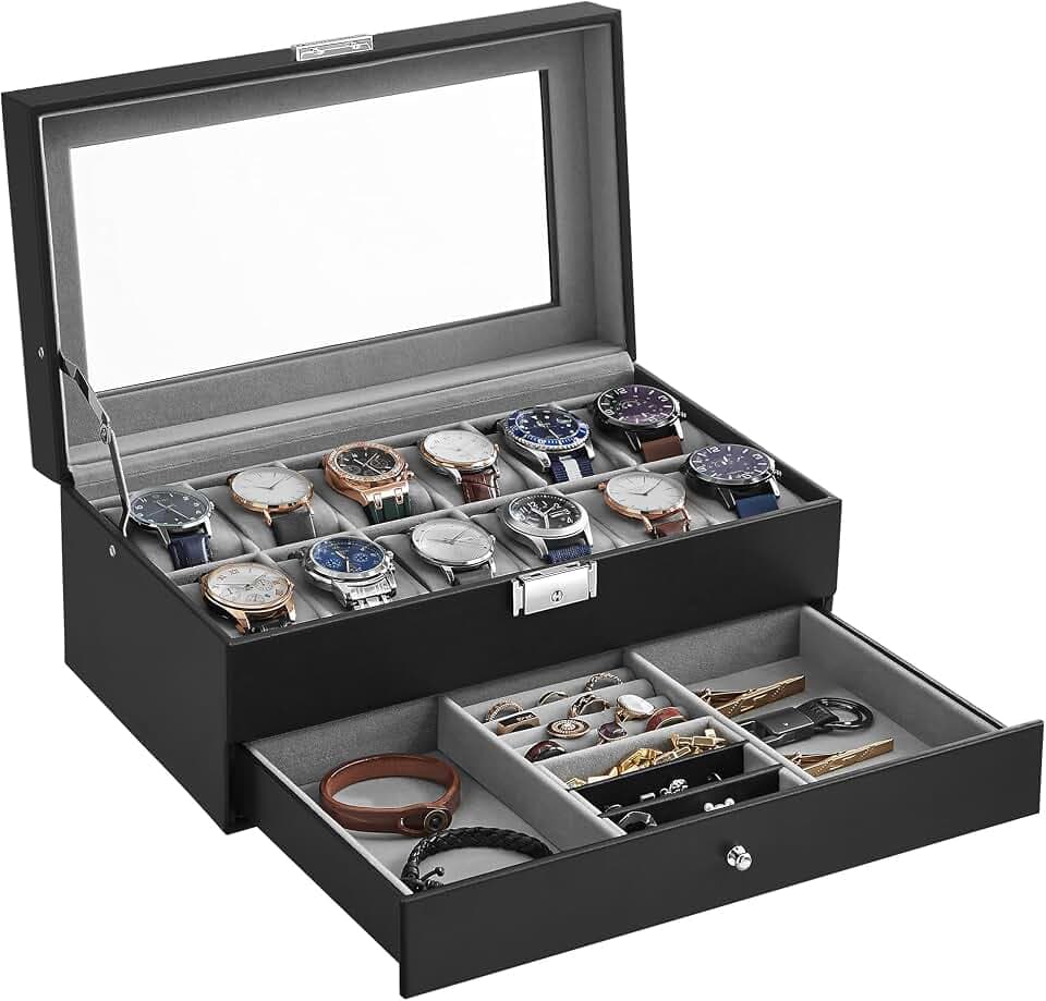 SONGMICS Uhrenbox mit Glasdeckel, 2 Ebenen, für 12 Uhren, abschließbar