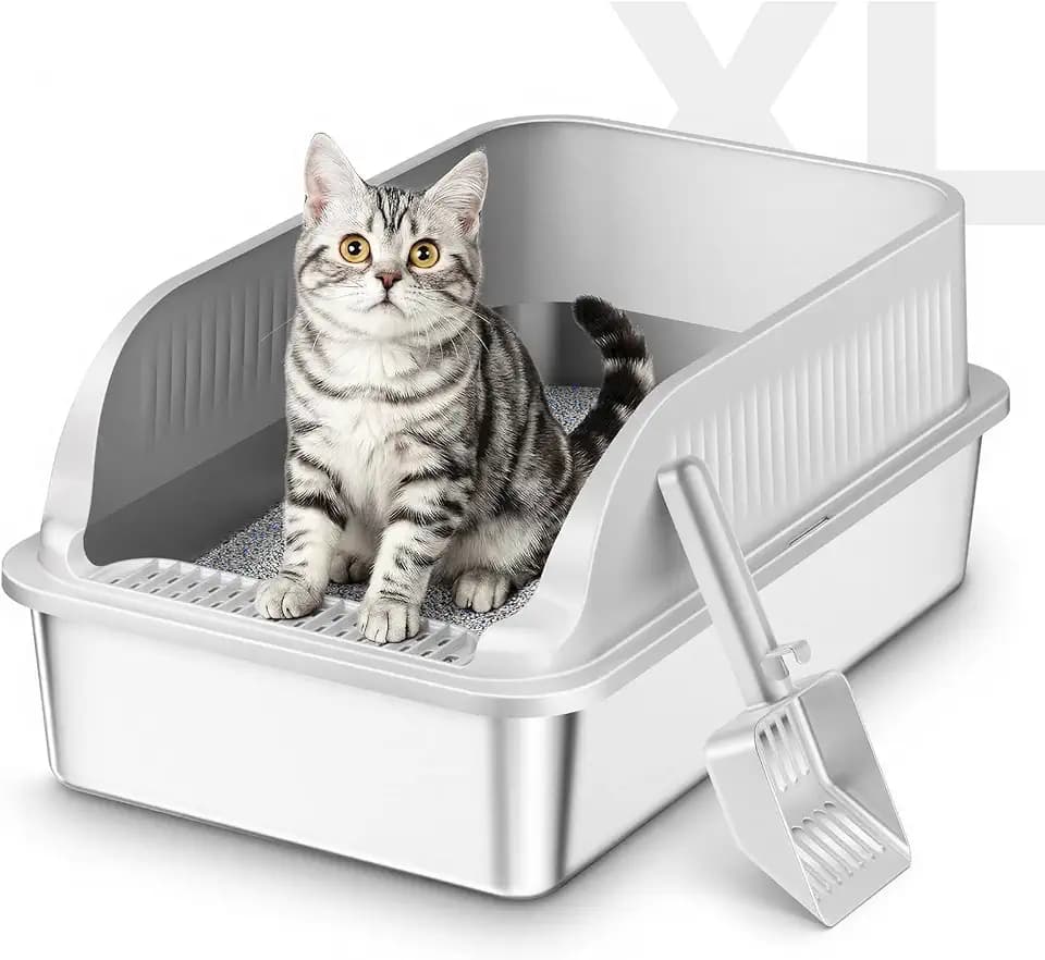 Katzenklo Edelstahl, Katzentoilette Groß XXL mit Schaufel, Katzenklo mit Abnehmbares Hoher Rand, Halbgeschlossene Katzentoilette Metall für Katzen, Geruchsfrei, Leicht zu Reinigen, Hellgrau