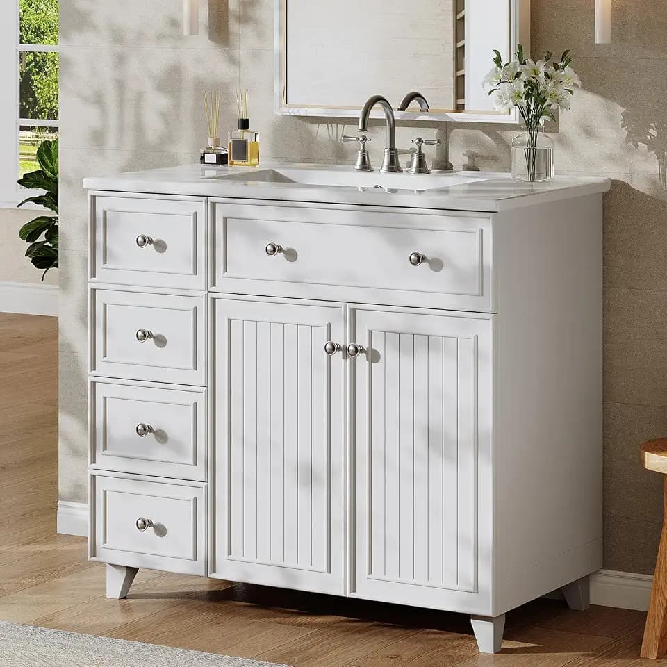 Tribesigns 36" Bathroom Vanity with Sink, Modern Bathroom Sink Cabinet with 3 Drawers & 2 Doors, Bath Storage Vanity Sink with Metal Handles, Solid Wood Frame, Paint Surface White