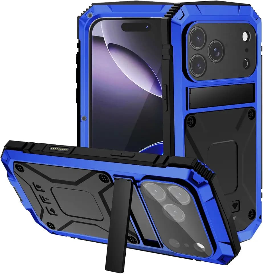 Metal Heavy Duty Phone Case Compatible with iPhone 17 Pro Max with Kickstand Built-in Gorilla Glass Lens Camera Protection Sturdy Military Durable Dustproof Aluminum Screws Cover For Men (Blue)