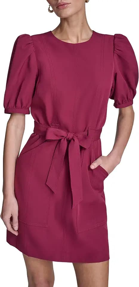 BCBG Women's Short Puff Sleeve Round Neck Tie Belt Sheath Mini Dress