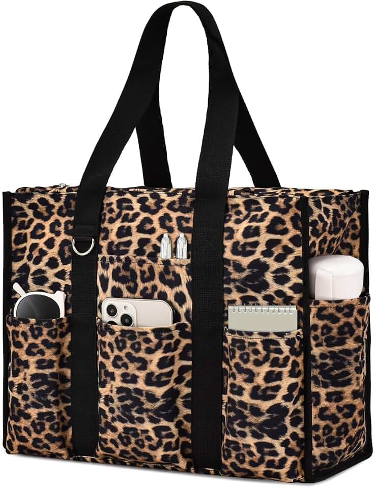 Becokan Large Tote Bag for Women Waterproof with 12 Pockets Top Zipper Closure Utility Teacher Nurse Bags for Work School