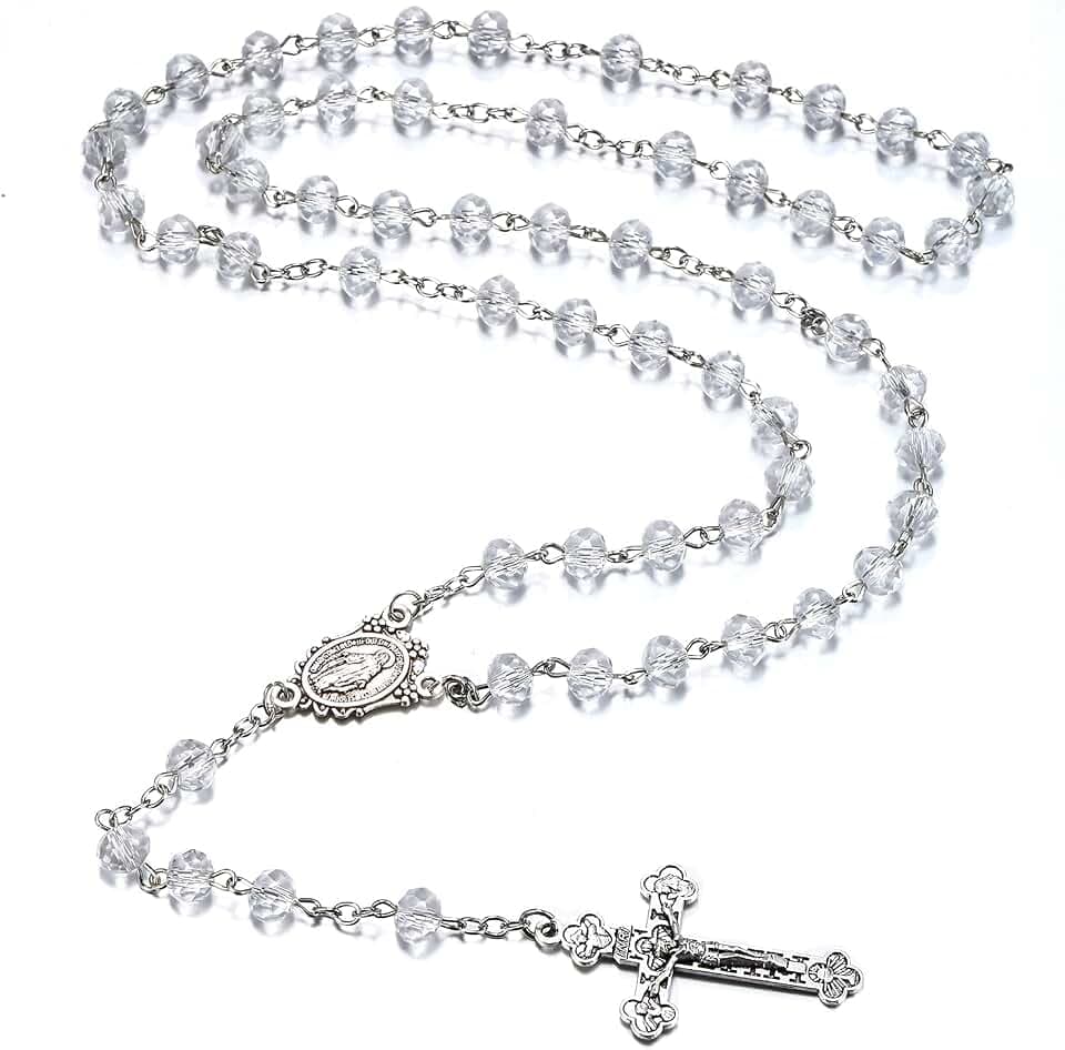 Rnivida Catholic Crystal Beads Rosary for Women, Miraculous Medal and Crucifix Rosaries, Communion Cross Rosary